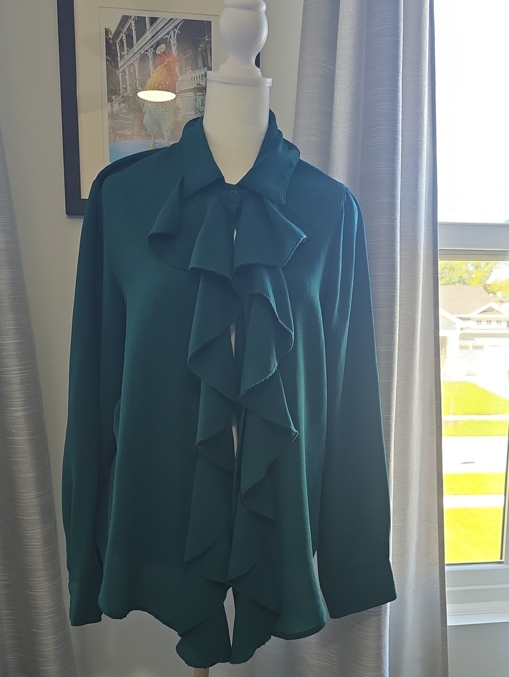 SHEIN Teal Ruffle Front Long Sleeve Blouse